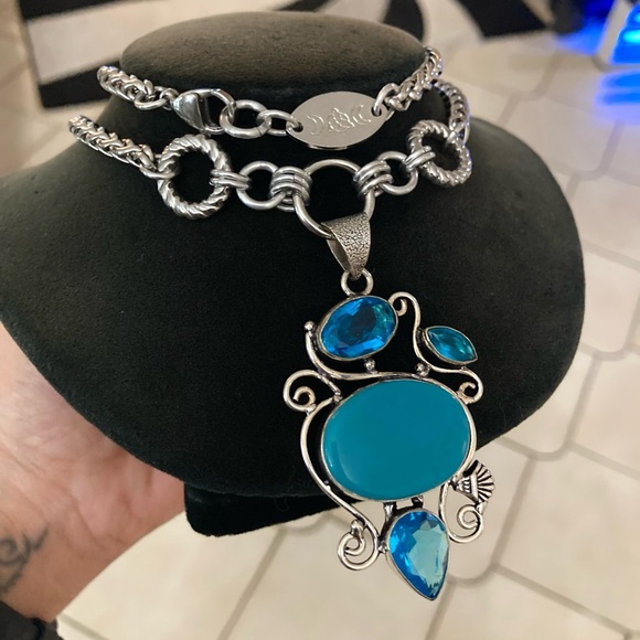 Blue topaz & blue agate turquoise color gemstone maille handmade boho necklace - Picture 10 of 15